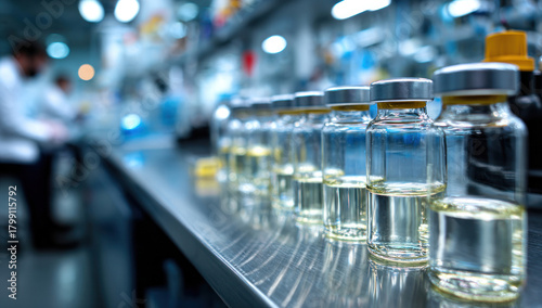 Pharmaceutical vials stand in a row on a production line in a modern laboratory, showcasing medical research and development with a focus on innovation.