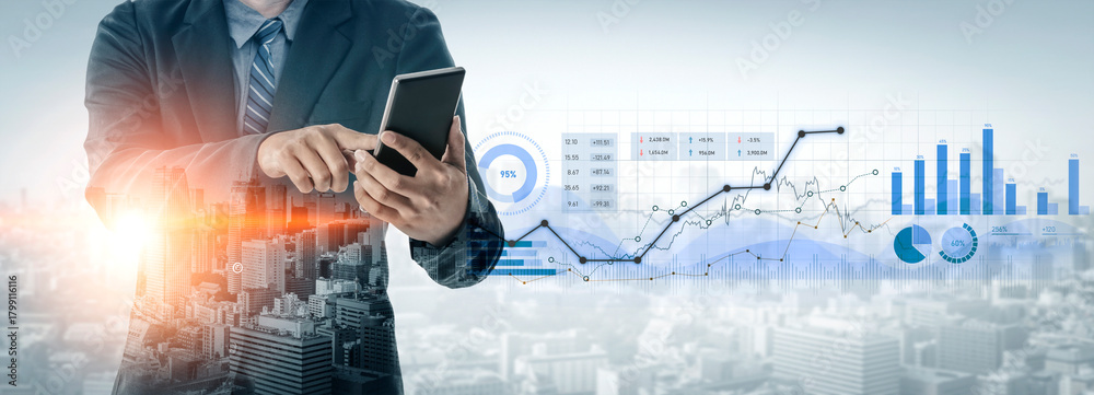 Obraz premium A business professional using a tablet to analyze data trends in an urban environment. Digital graphs and charts illustrate financial growth and market performance. Scalp