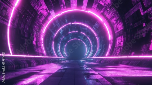 Fototapeta Naklejka Na Ścianę i Meble -  Futuristic neon tunnel glowing with purple and blue light
