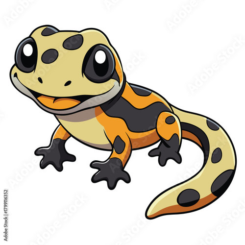 Adorable Cartoon Newt Character on White Background with Black Spots