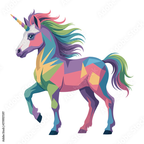 colorful geometric unicorn illustration with vibrant rainbow mane and playful fantasy creature design