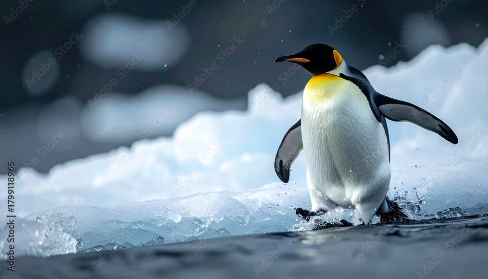 Obraz premium King penguin balancing on ice floe in antarctica habitat wildlife scene bird adventure travel outdoor photography.