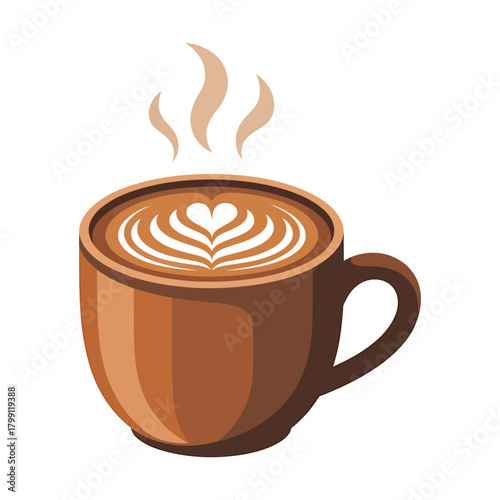 warm stylized coffee cup with detailed latte art and rising steam in modern cozy vector illustration