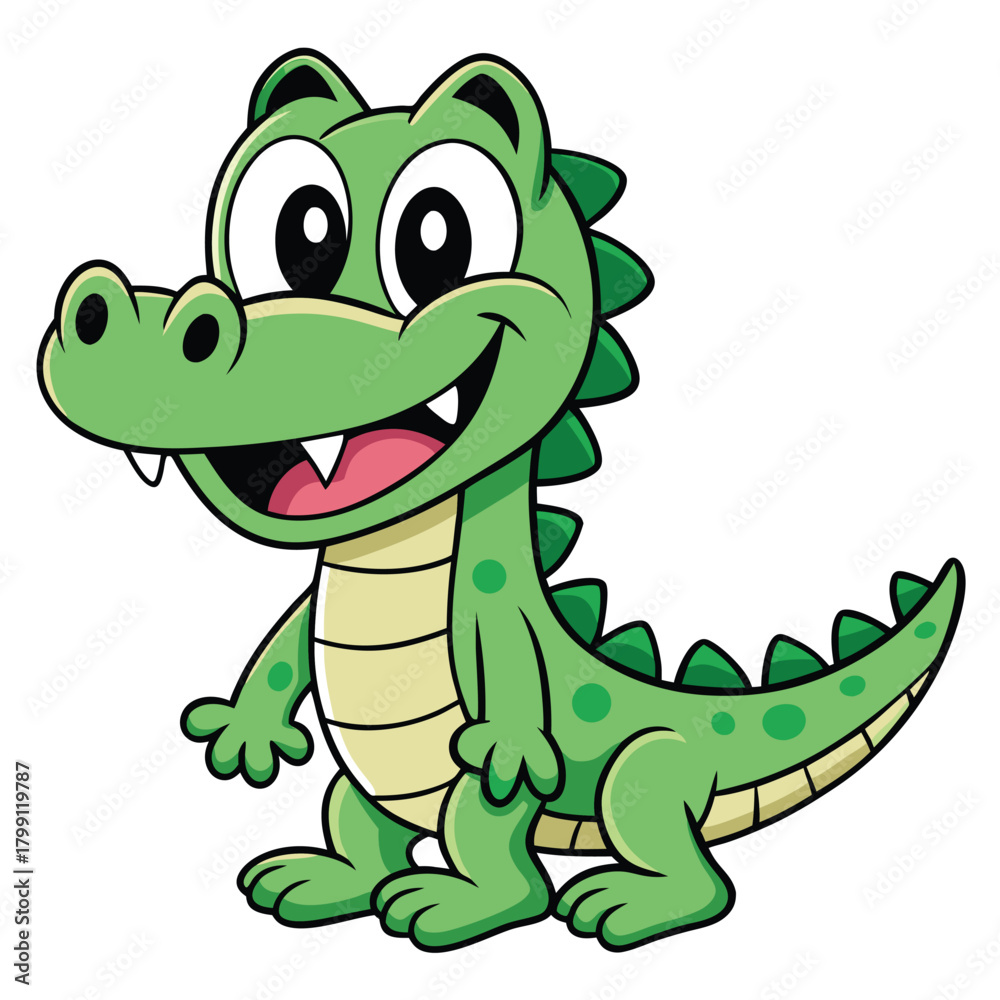 Obraz premium Adorable Green Crocodile Cartoon Character Smiling on White Background