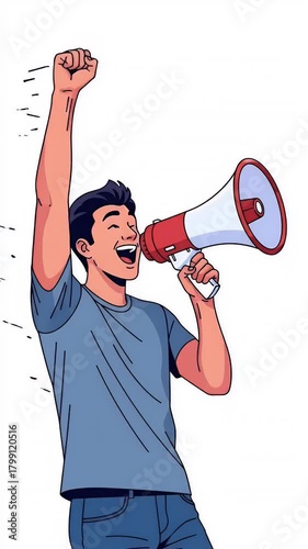 Man Shouting Through Megaphone Raising Fist White Background