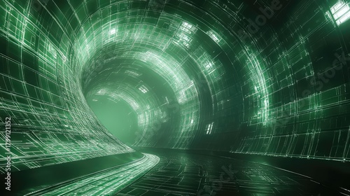 Fototapeta Naklejka Na Ścianę i Meble -  Green digital tunnel displaying futuristic cyberspace data grid