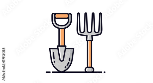 Flat vector illustration of a shovel and a pitchfork on a white background.