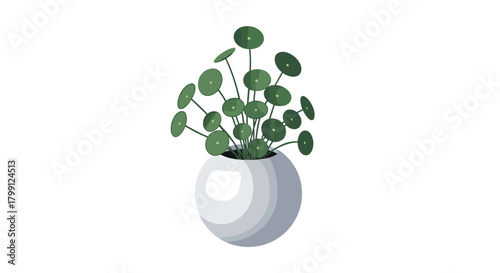 A stylized illustration of a healthy green plant in a white modern planter on a white background.