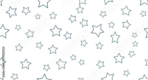 Seamless pattern of scattered outline stars on a white background, perfect for design projects.