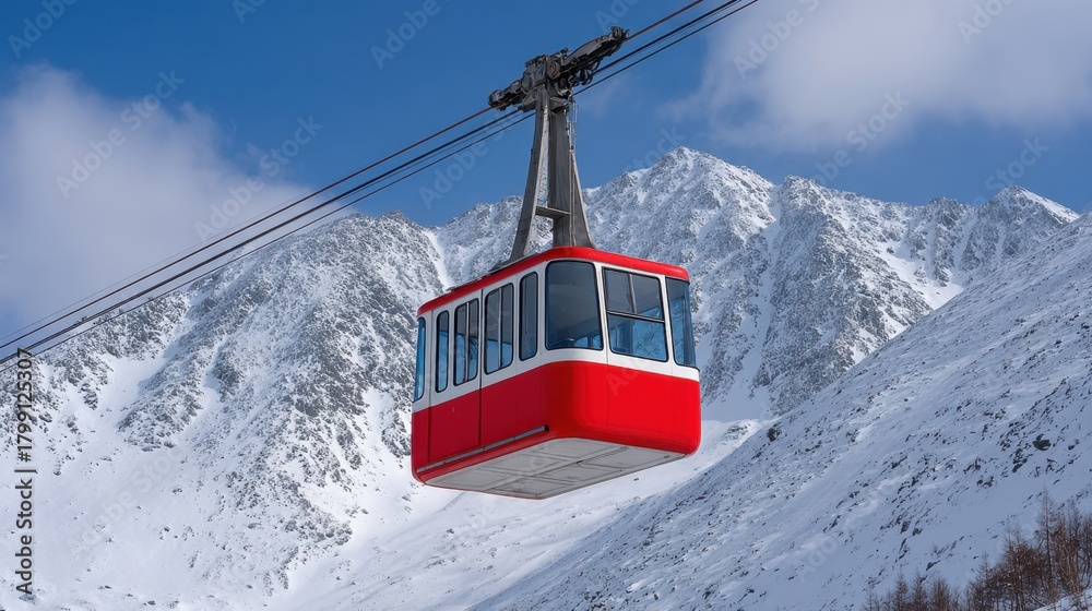 Obraz premium Vibrant Red Gondola Riding Above Snowy Mountain Peaks in Winter Wonderland