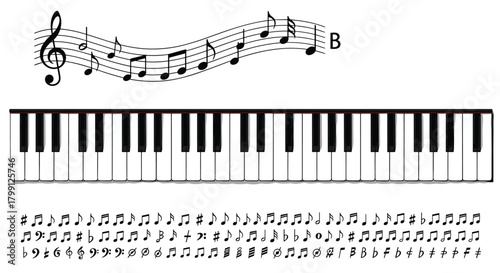 A musical staff with notes, a piano keyboard, and various musical symbols.
