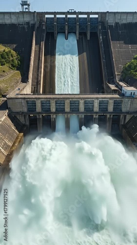Massive Concrete Dam Releasing Powerful Waterfall Under Clear Blue Sky