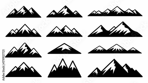 Set of diverse mountain peak icons and landscape silhouettes, featuring snowy summits in a minimalist vector style for nature themes.