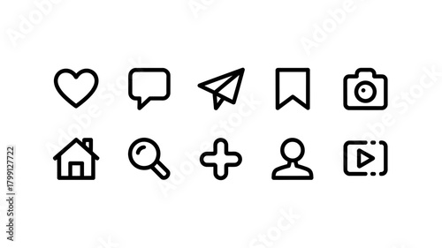 Social media application interface icons set including like, comment, share, save, post, home, search, add, profile, video