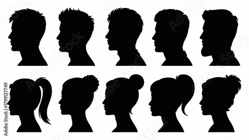 Diverse profile silhouettes: collection of adult male and female head shapes with various hairstyles and facial features.
