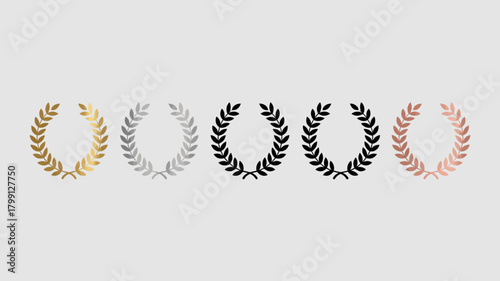 Set of five elegant laurel wreath icons in varying metallic and solid colors, representing victory, award, honor, and success.
