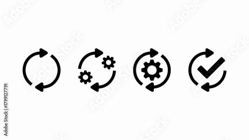 Refresh process workflow update completion icons. cycle, gear settings, and success symbols in a clean linear style.