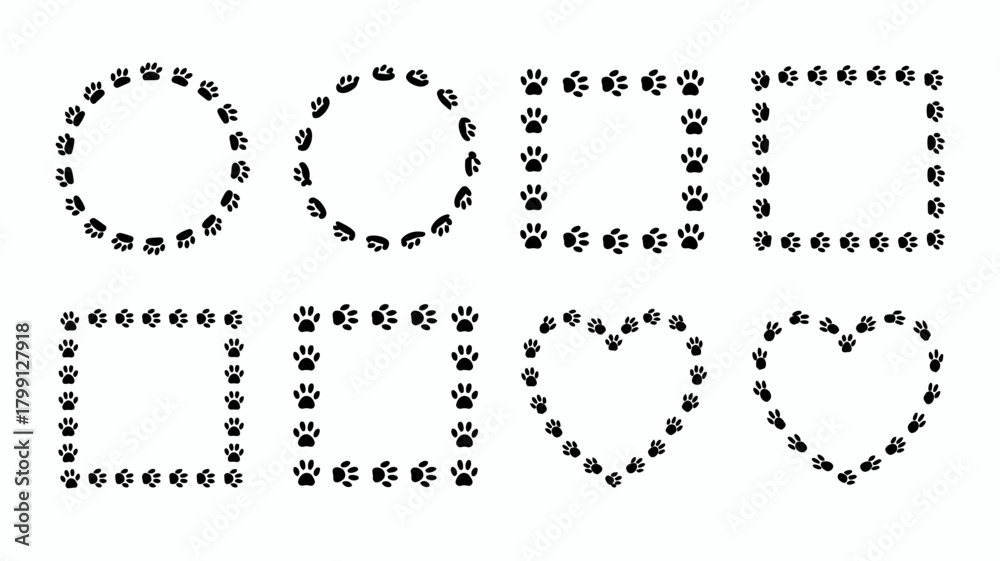 Obraz premium Charming black paw print frames and borders set featuring diverse shapes like elegant circles, precise squares, and affectionate hearts.