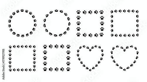 Charming black paw print frames and borders set featuring diverse shapes like elegant circles, precise squares, and affectionate hearts.