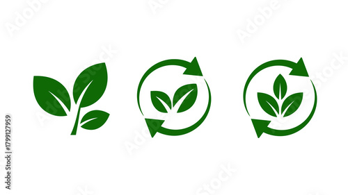 Green eco and recycle icons with plant leaves for nature, sustainability, organic growth, and environmental protection concept.