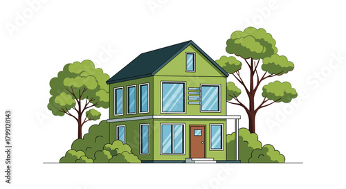 Bright green two-story house with large windows surrounded by lush trees and bushes.