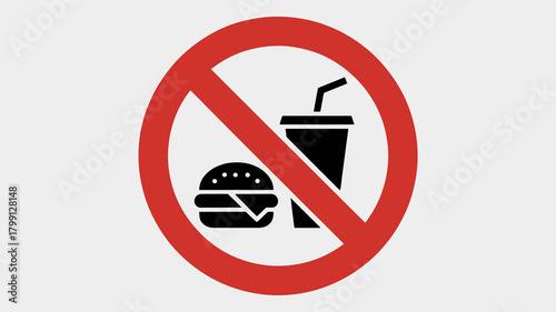 No food or drink allowed signage for public and restricted areas, illustrating fast food and beverage prohibition