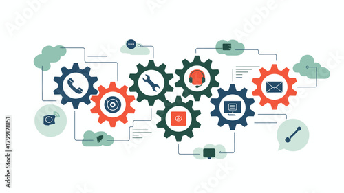 Complex business process automation and customer support solution represented by interconnected gears and technology icons