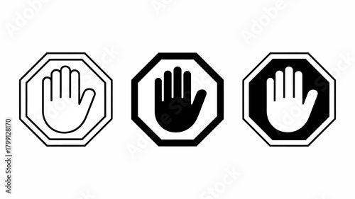Stop hand sign vector icons set. prohibition, warning, danger, entry denied, restriction, and alert symbol collection.
