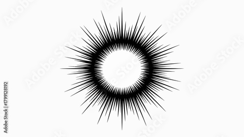 Dynamic black radial burst with sharp pointed rays emanating from a clear white center, symbolizing impact, speed, or surprise.