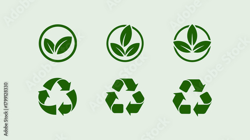 Green eco-friendly leaf and recycling symbols set for sustainable design elements, environmental protection and organic products