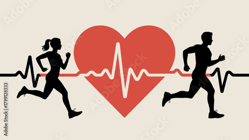 Running couple silhouettes with heartbeat line and red heart, symbolizing cardiovascular health, fitness, and vitality.