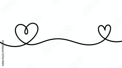 Continuous one line drawing of two hearts connected by a flowing wavy line, symbolizing endless love, affection and bond.