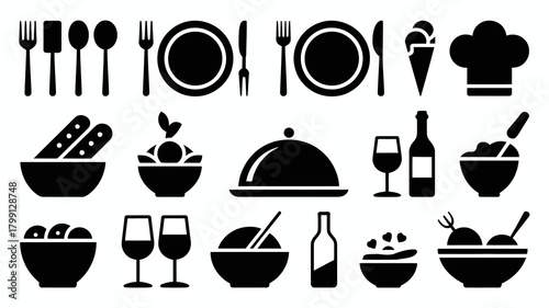 Comprehensive collection of minimalist food, dining, and kitchen icons, featuring various utensils, dishes, and meals on a clean background.