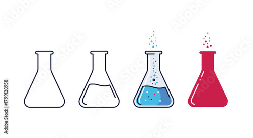 Four laboratory flasks showing stages of a chemical reaction, from empty to bubbling and colored.