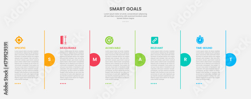 SMART goals infographic outline style with 5 point template with vertical line divider and half circle separator for slide presentation