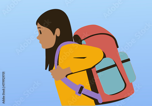 Young Schoolgirl Carrying Heavy Backpack, Side View Illustration