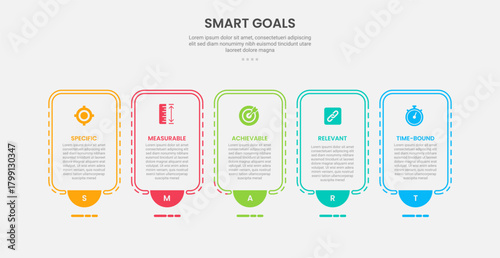SMART goals infographic outline style with 5 point template with round box container with half circle bottom badge for slide presentation