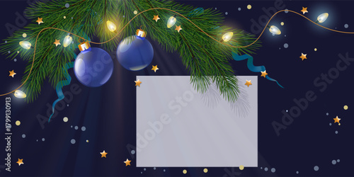 Christmas top view with empty card  and spot  light. Mockup for your xmas design. Decorations on black blue background.