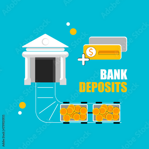 Illustration of bank deposits with money containers moving into a bank building, symbolizing savings, financial security, and secure money storage.