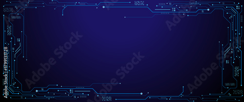 Abstract technology blue circuit board texture or pattern. Circuit board frame with an empty place in the centre on a technology blue background.