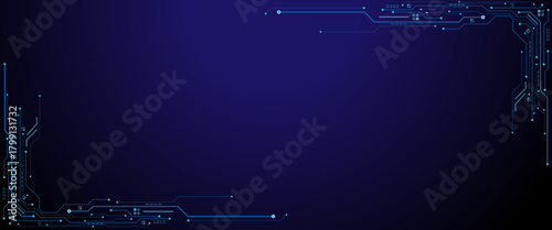Abstract technology blue circuit board texture or pattern. Circuit board frame with an empty place in the centre on a technology blue background.
