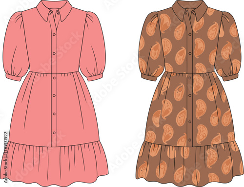 PrintTrendy women button down dress vector illustration, puff sleeve shirt dress design, fashionable casual outfit flat sketch for apparel template