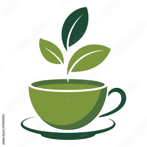 green herbal tea cup illustration with fresh floating leaves in clean modern botanical vector style