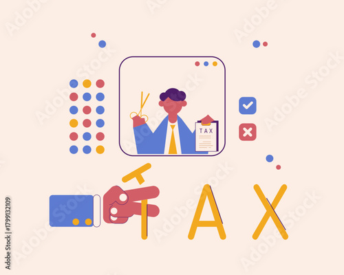 Illustration of a business person cutting taxes, showing a clipboard labeled tax, scissors, and a hand forming the word TAX, symbolizing tax reduction, finance, and savings.