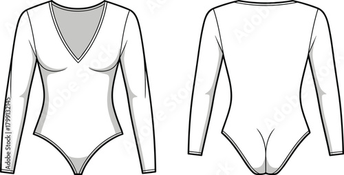 PrintV neck long sleeve bodysuit technical flat sketch, elegant women one piece fashion design, front and back view template illustration