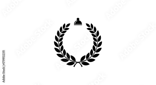 A black and white illustration of a laurel wreath with a small crown on top.