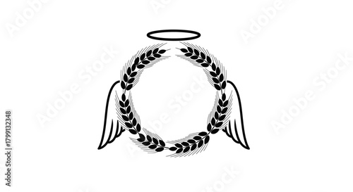 A circular wreath of wheat stalks with angel wings and a halo, symbolizing peace and remembrance.