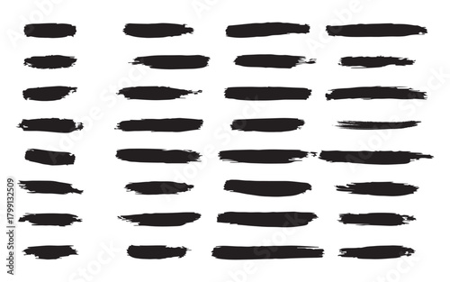 Set of black brush strokes isolated on, ink grunge elements