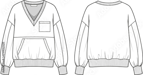 PrintV-neck sweatshirt technical flat sketch, casual unisex pullover design, front pocket illustration, ribbed cuffs and hem clothing vector, fashion template