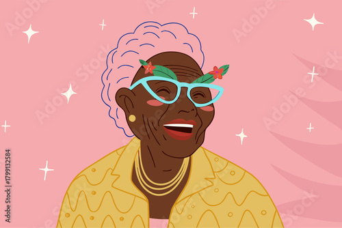 Joyful Senior Black Woman Illustrated Portrait with Festive Accents